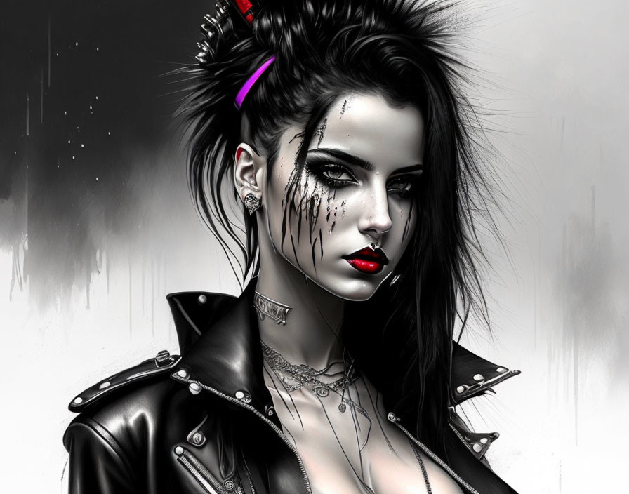 Monochromatic punk woman with spiky purple hair, leather jacket, and red lips