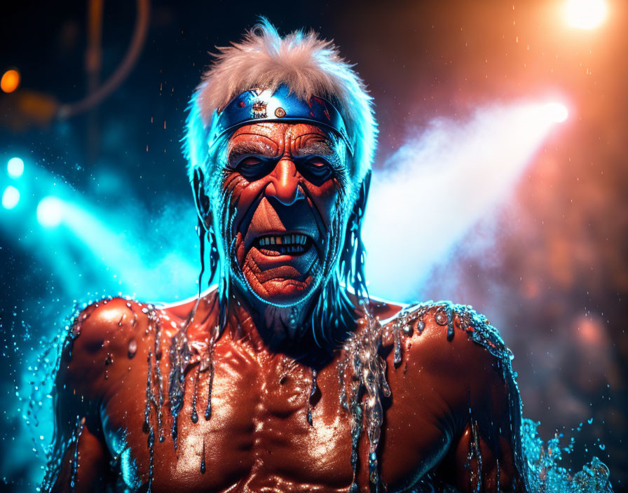 Intense person with tribal face paint and headband in dramatic lighting