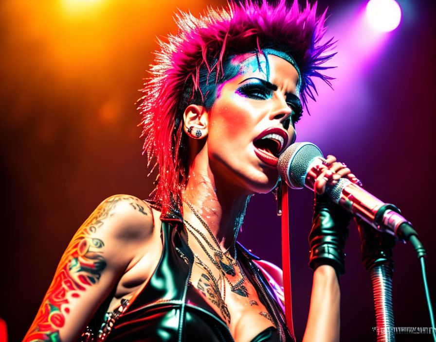 Colorful Stage Lighting Frames Mohawked Singer with Tattoos and Punk Makeup