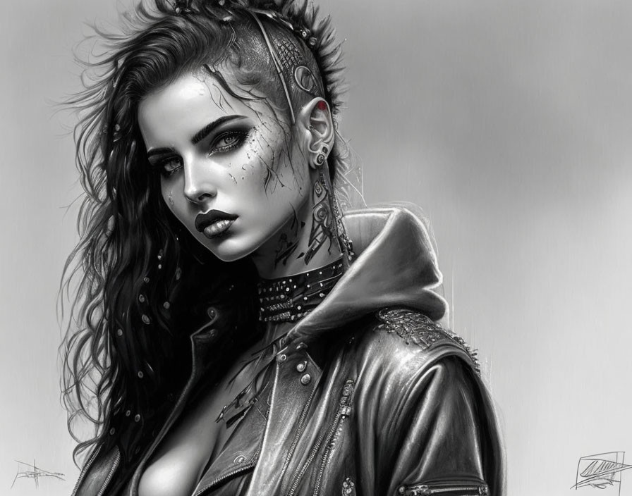 Monochrome image of woman with punk style: tattoos, piercings, leather jacket