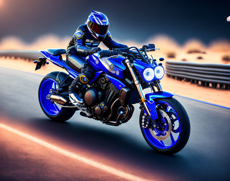 Blue Racing Suit Rider on Sporty Motorcycle in Desert Dusk