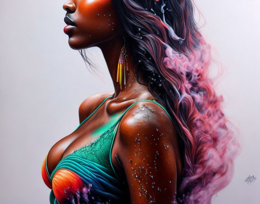 Hyperrealistic Artwork: Woman with Shimmering Skin, Colorful Hair & Teal Dress