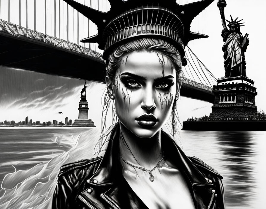 Monochrome artwork of fierce woman with makeup in NYC setting