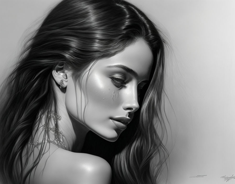 Detailed Monochromatic Portrait of Woman with Flowing Hair and Reflective Earring