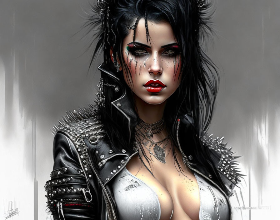 Illustrated Gothic Female with Black Hair and Leather Jacket