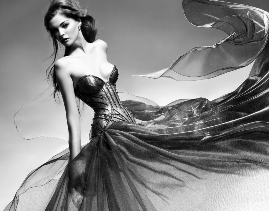 Woman in flowing corseted gown against grayscale backdrop