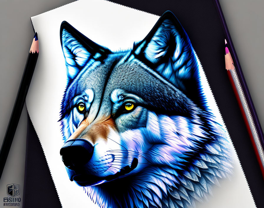 Colorful Wolf Face Drawing with Yellow Eyes and Pencils on Plain Surface