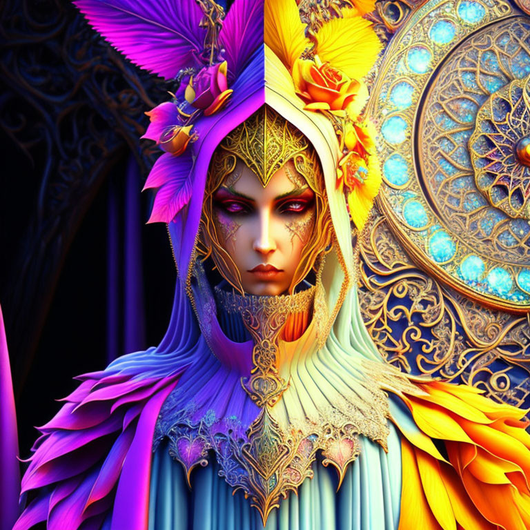 Colorful digital artwork of figure with gold and purple headdress and intricate facial markings