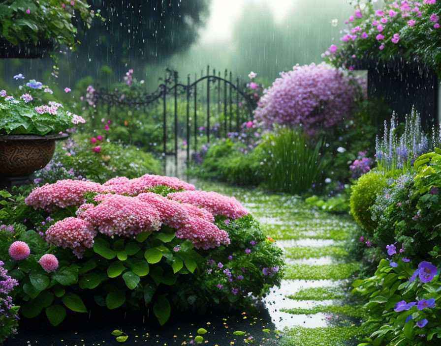 Tranquil garden pathway with vibrant flowers and misty rain