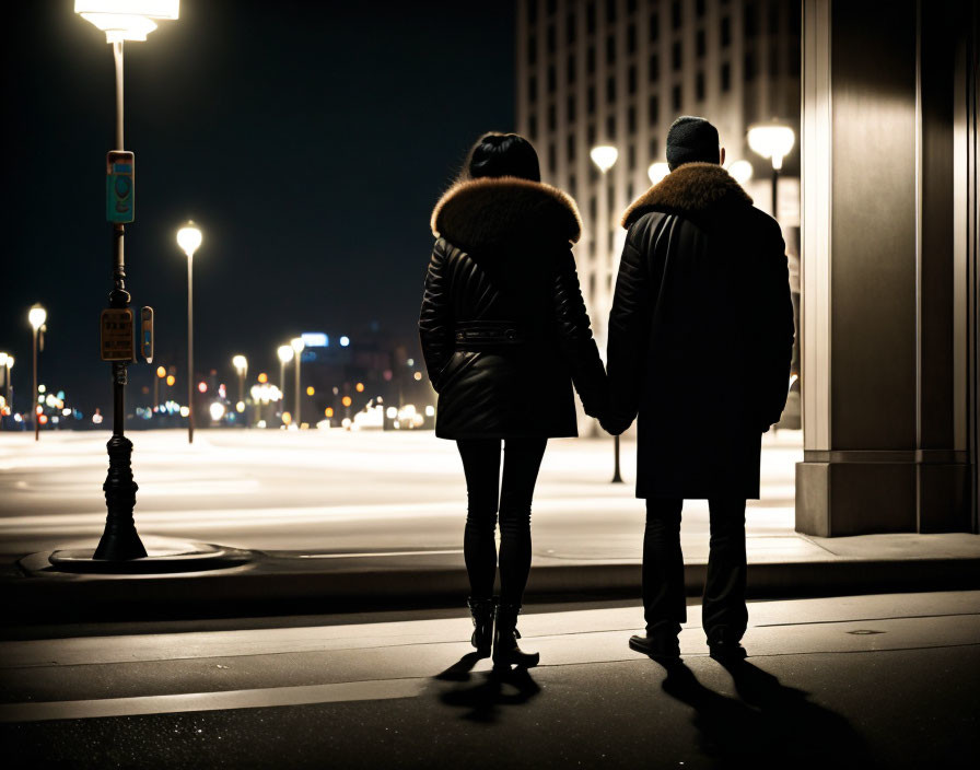 Silhouetted couple holding hands on city street at night