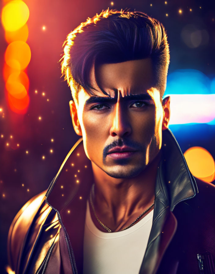 Stylized portrait of a man with sculpted hair, leather jacket, and bokeh lights.