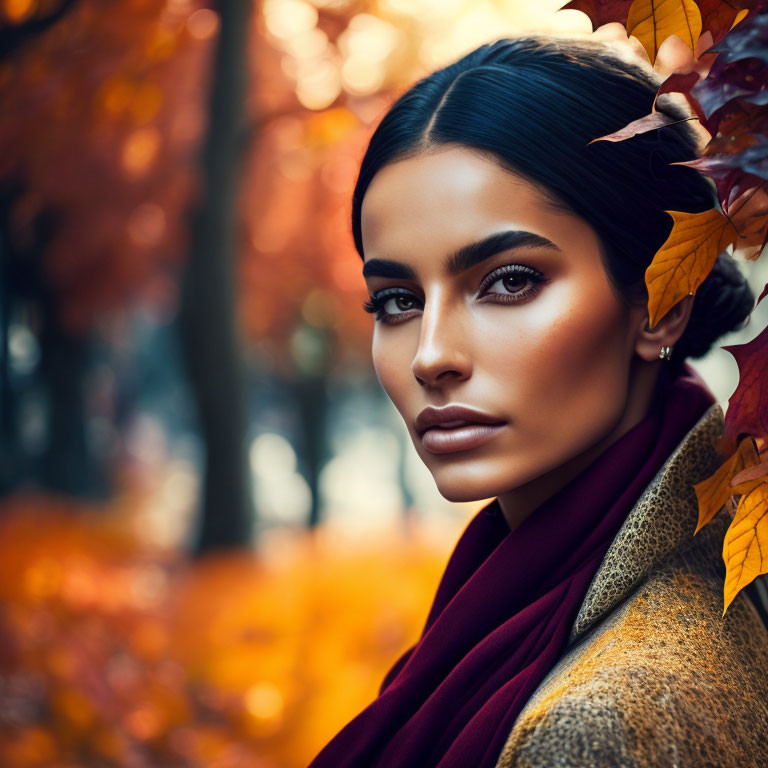 Woman with Striking Eyes and Autumn Leaves in Hair among Fall Foliage