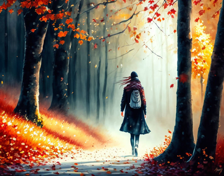 Person in Black Coat Walking on Autumn Forest Path with Red Leaves