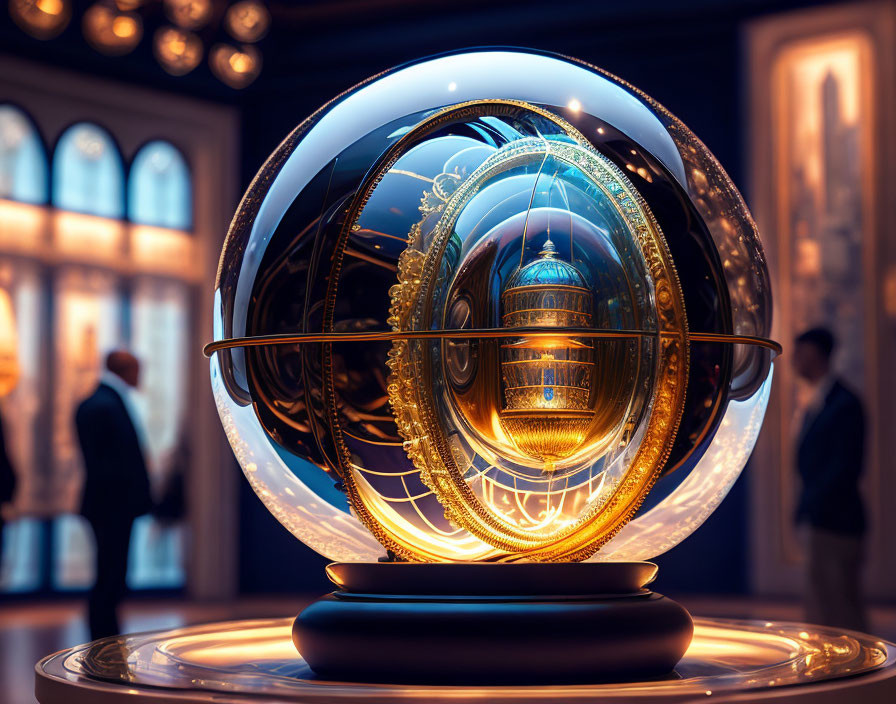 Futuristic spherical sculpture with intricate golden details in elegant gallery