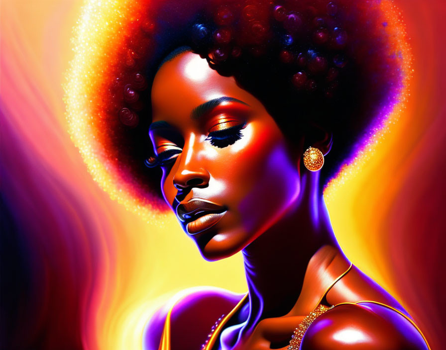 Colorful digital portrait of woman with glowing afro and striking makeup