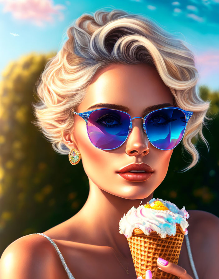 Blond woman with blue sunglasses and ice cream cone in nature