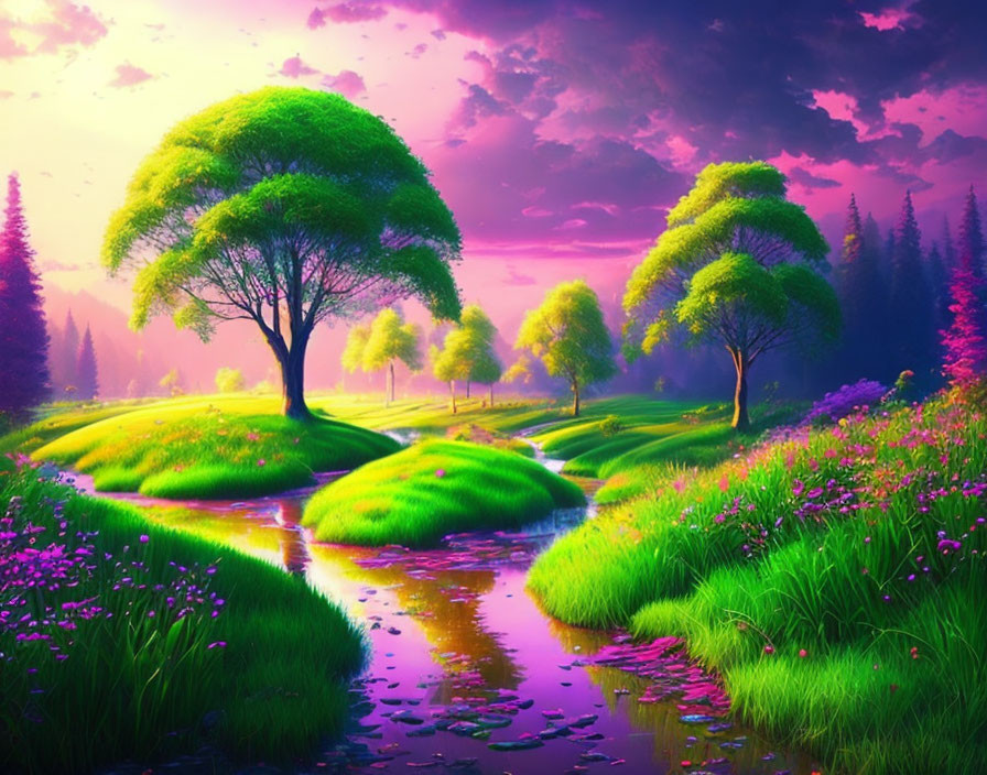 Lush green trees, rolling hills, serene river, purple sky