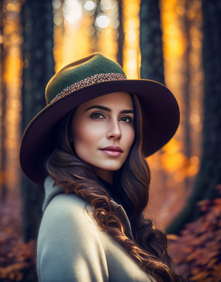 Long-haired woman in hat surrounded by golden autumn forest