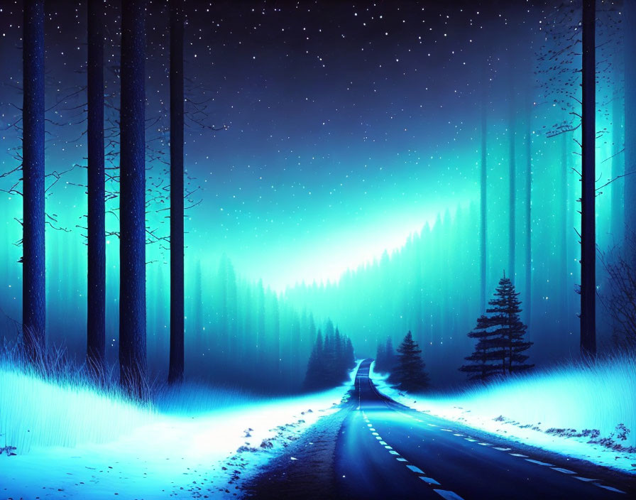 Mystical nighttime road through dense forest under starry sky