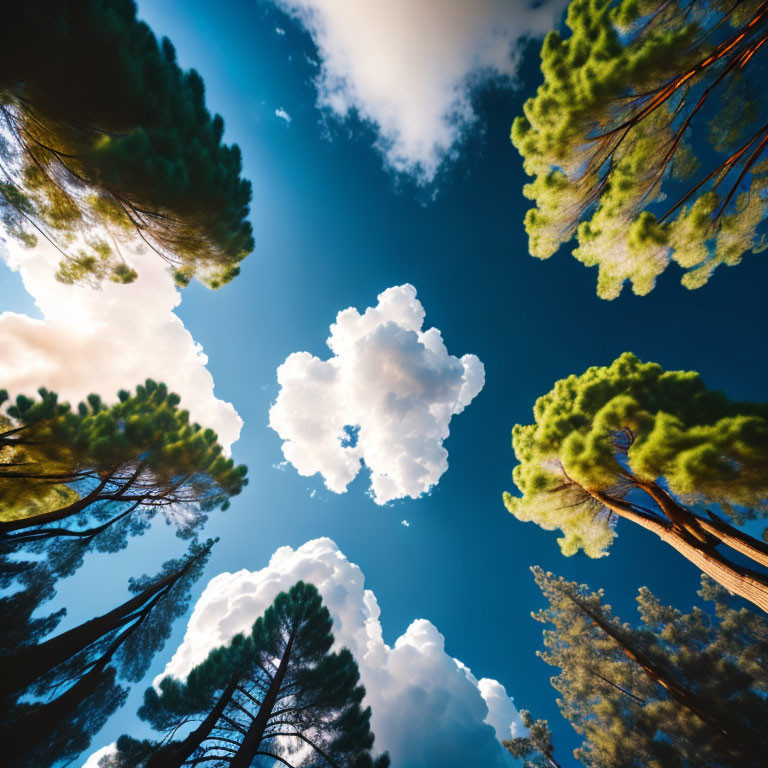 Scenic view of blue sky and clouds framed by tall pine trees