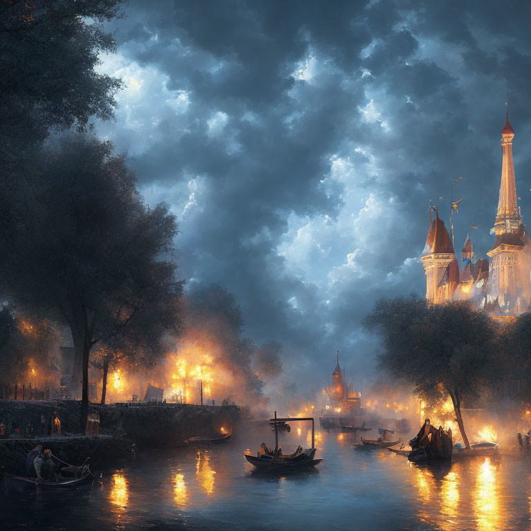 Misty river nightscape with illuminated castle and boats