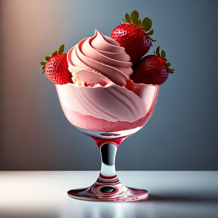 Strawberry soft serve ice cream in glass bowl with fresh strawberries on blue gradient.