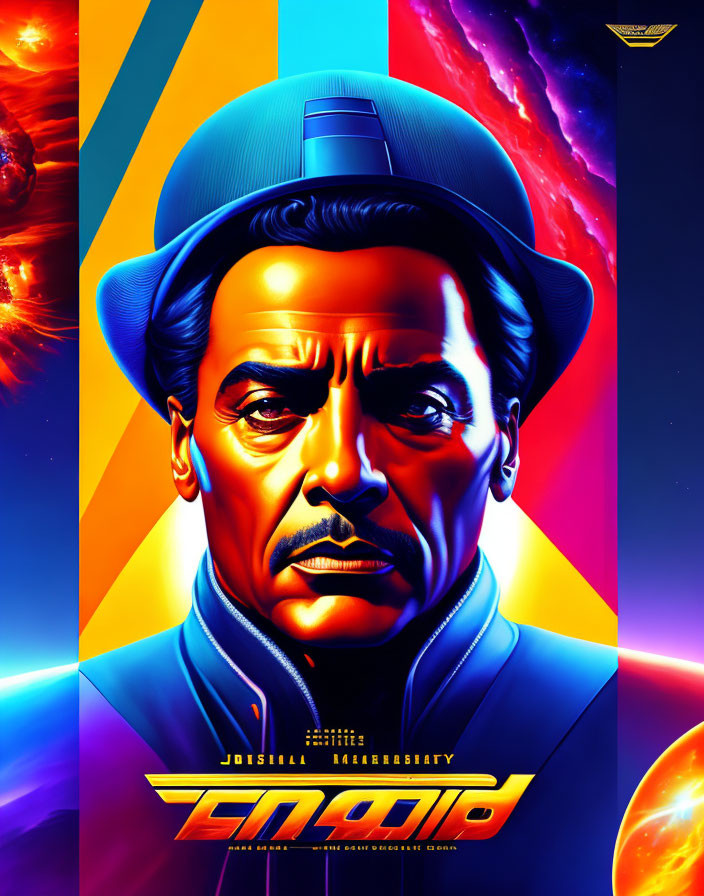 Futuristic movie poster featuring man in fedora and overcoat