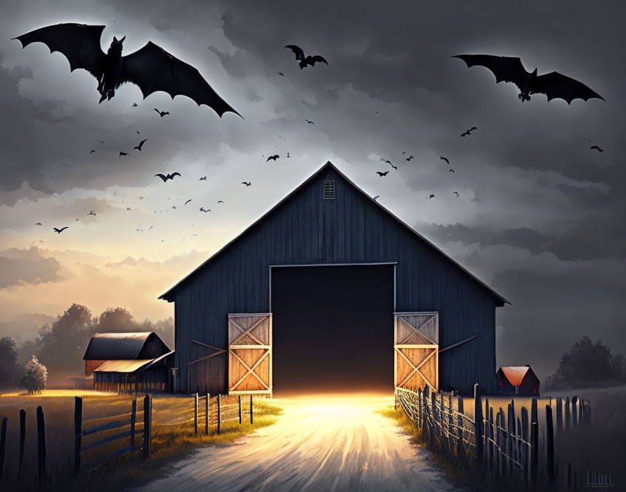 Rustic farm scene at twilight with open barn door and silhouetted bats flying.