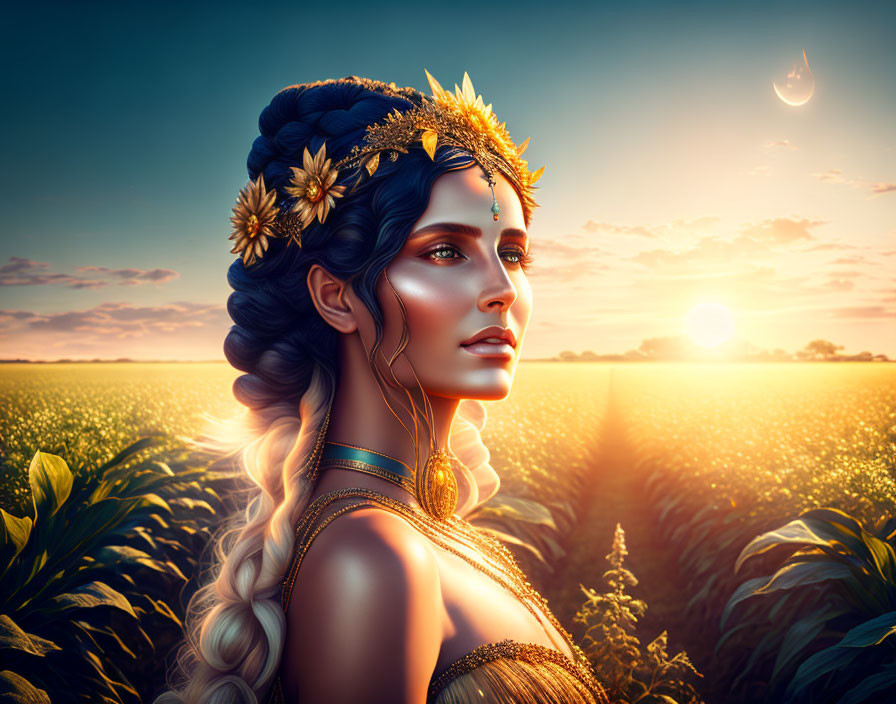 Digital Artwork: Woman in Floral Headdress in Sunset Field with Crescent Moon