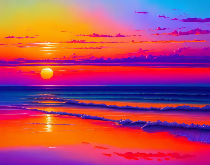 Colorful Sunset Over Calm Sea with Bright Sun and Scattered Clouds