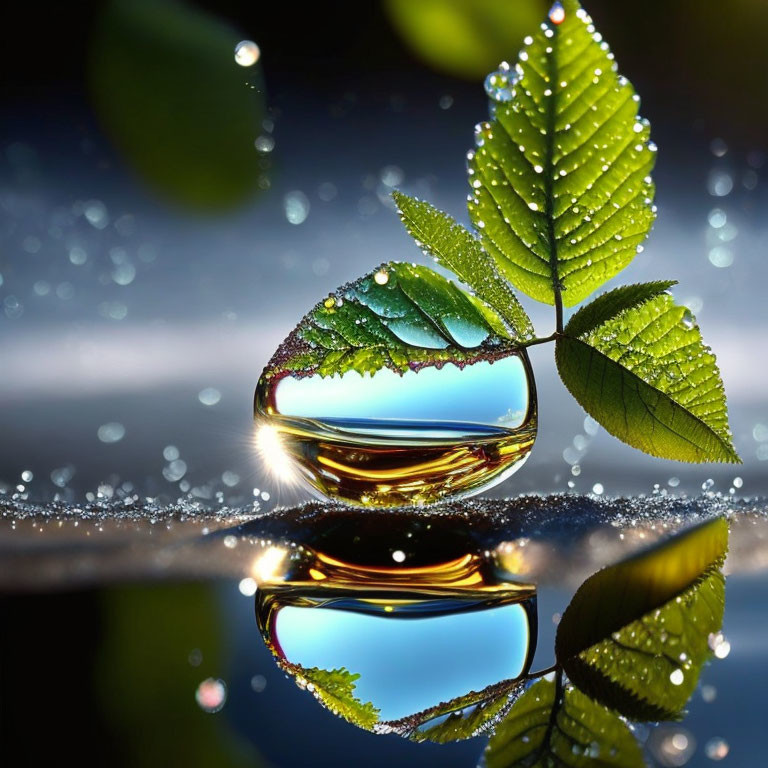 Green leaf with water droplets on glossy surface in serene natural scene