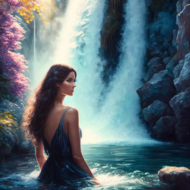 Woman in elegant dress by serene waterfall with colorful flora