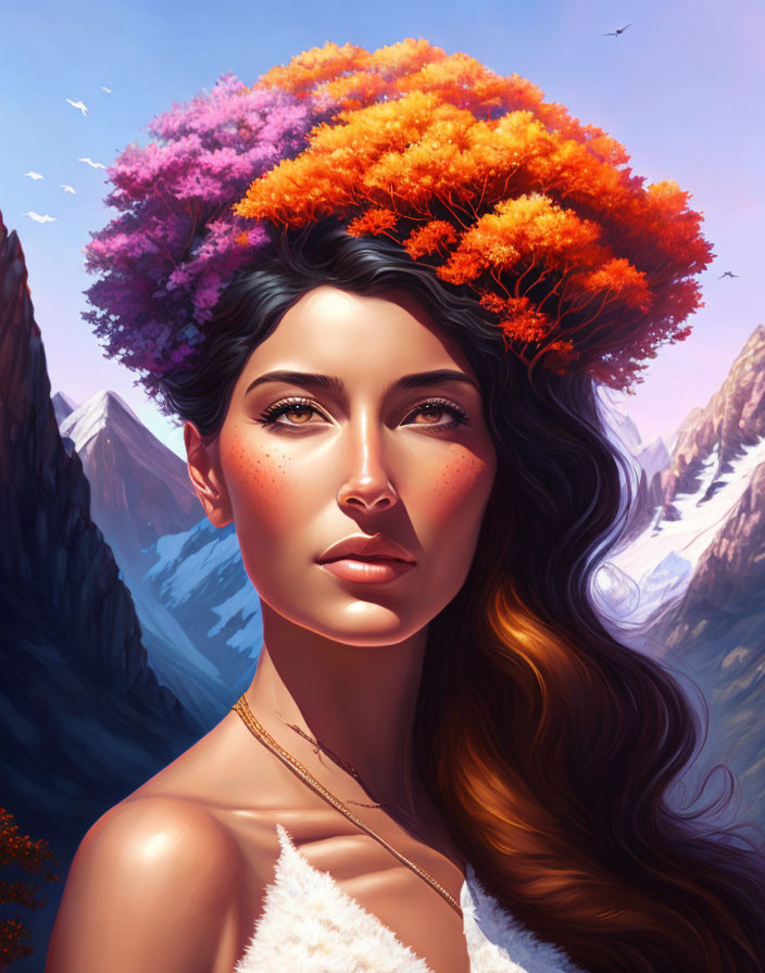 Illustrated woman with floral crown against mountain backdrop