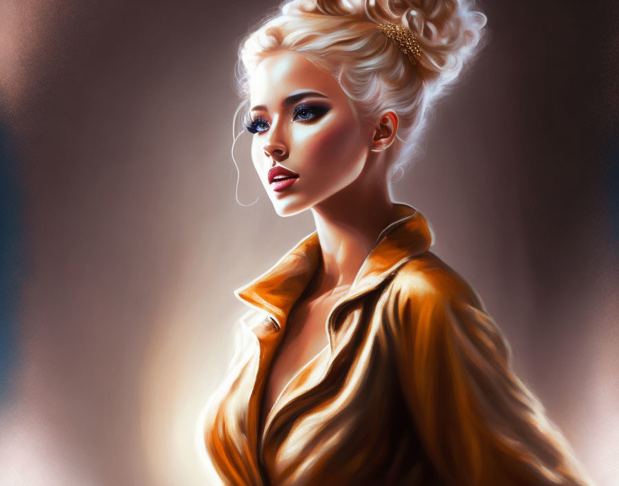 Platinum blonde woman in updo with golden blouse portrait