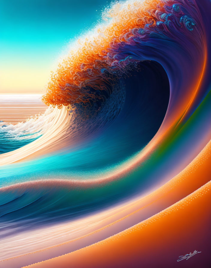 Colorful digital art: Stylized wave in blue to orange