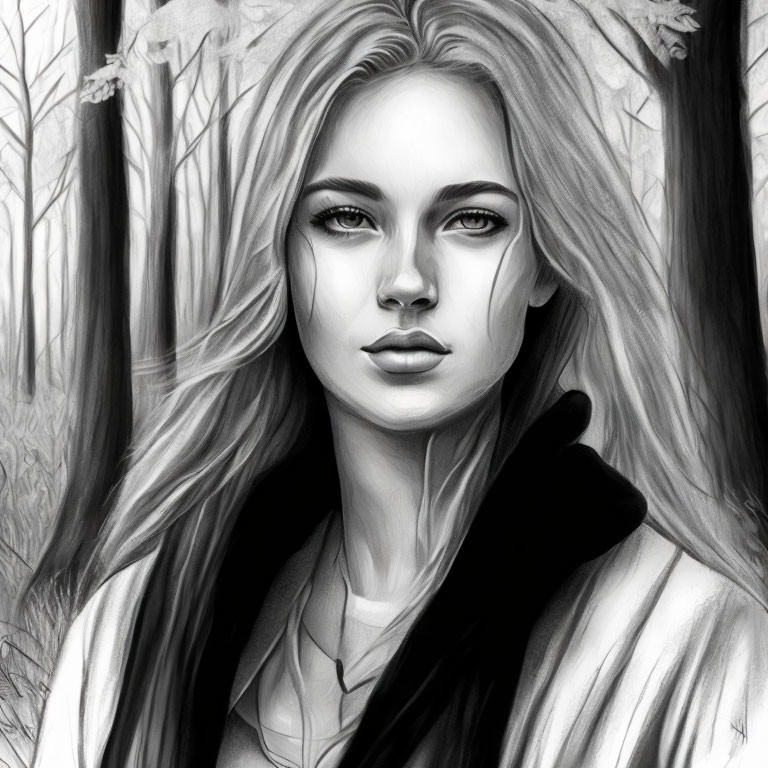 Detailed monochromatic digital portrait of a young woman with long hair in wooded setting