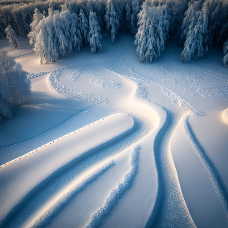 Snow-covered landscape with winding trail and frosty trees in soft light