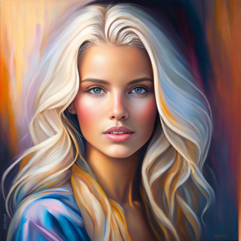 Blonde woman with blue eyes in colorful digital painting