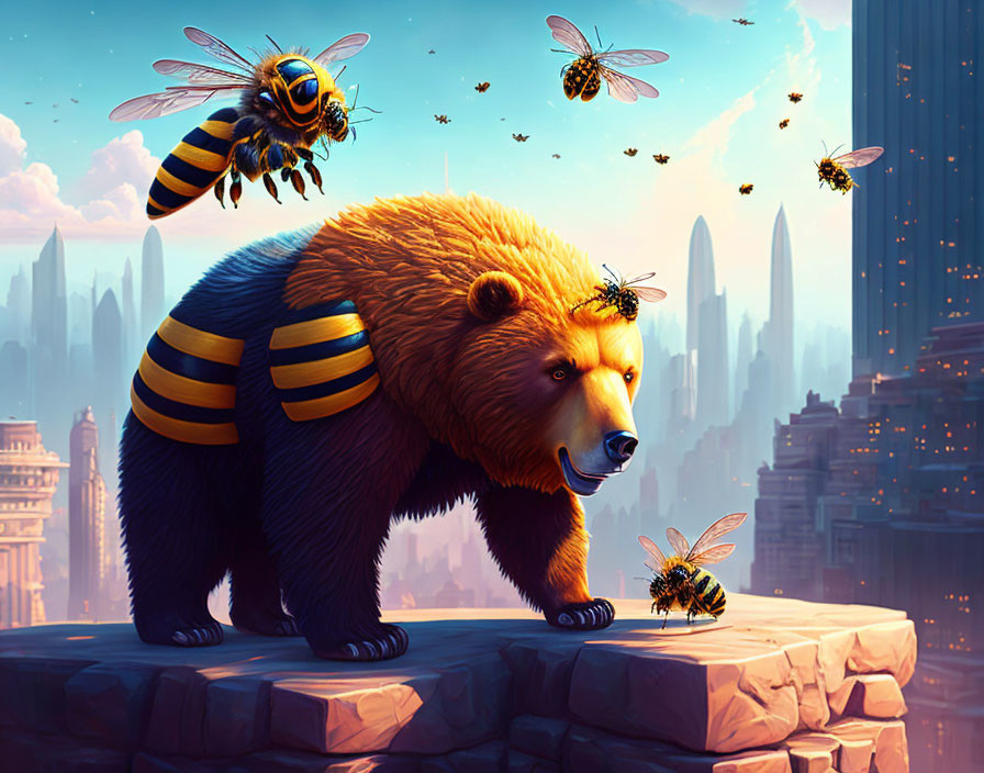 Large bear with bee-like stripes walking among oversized bees in cityscape.