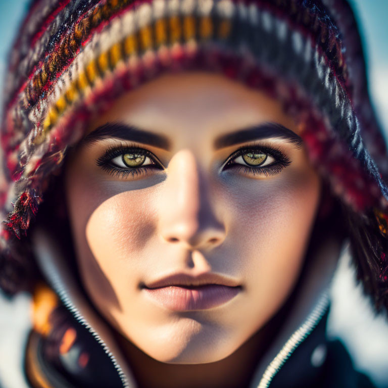 Portrait of person with green eyes in multicolored knitted hat under warm sunlight