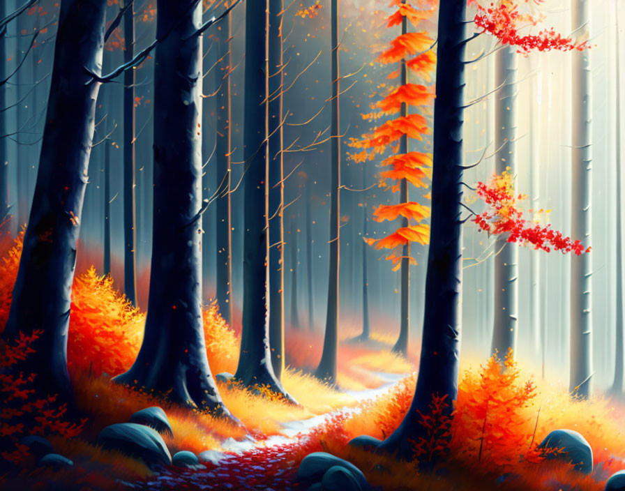 Sunlit mystical forest with vibrant red and orange foliage