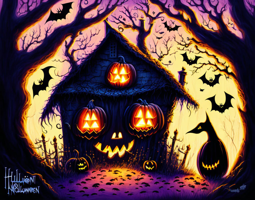 Colorful Halloween illustration with spooky house, jack-o'-lanterns, bats, and cat silhouette