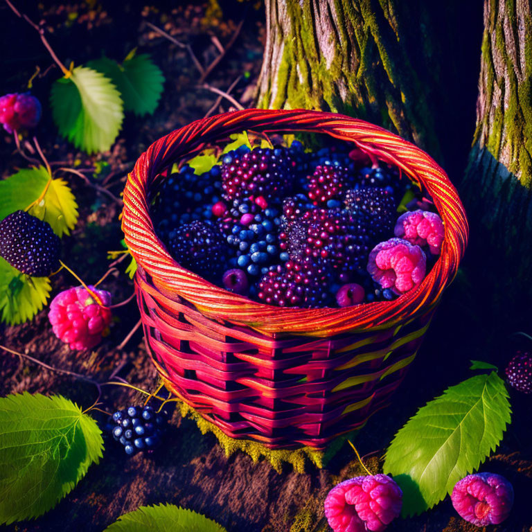 Vibrant fresh berry basket by tree trunk