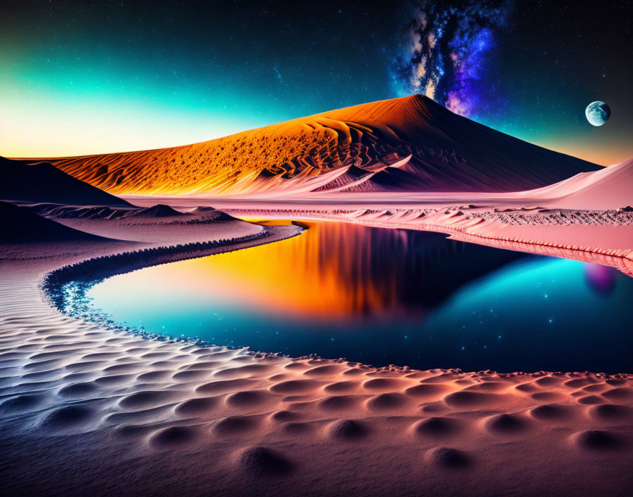 Desert twilight: sand dune, serene water, starry sky, large moon