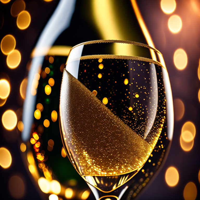 Elegant Champagne Glass with Sparkling Bubbles and Bokeh Lights