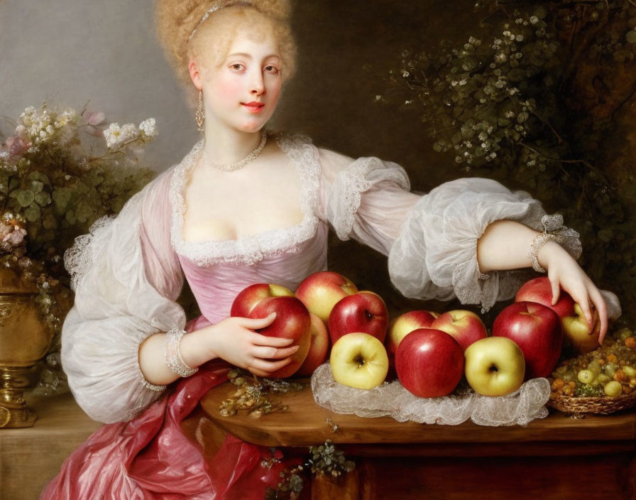 Woman in lavish pastel dress poses near table with fruits