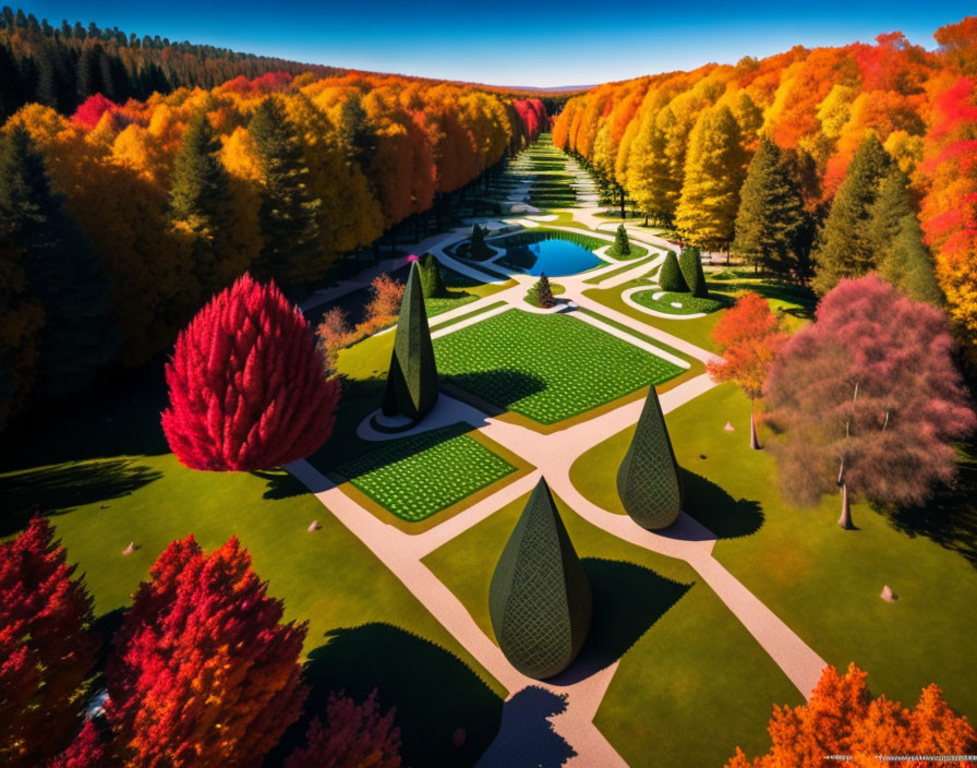 Vibrant formal garden with geometric hedges and colorful autumn trees