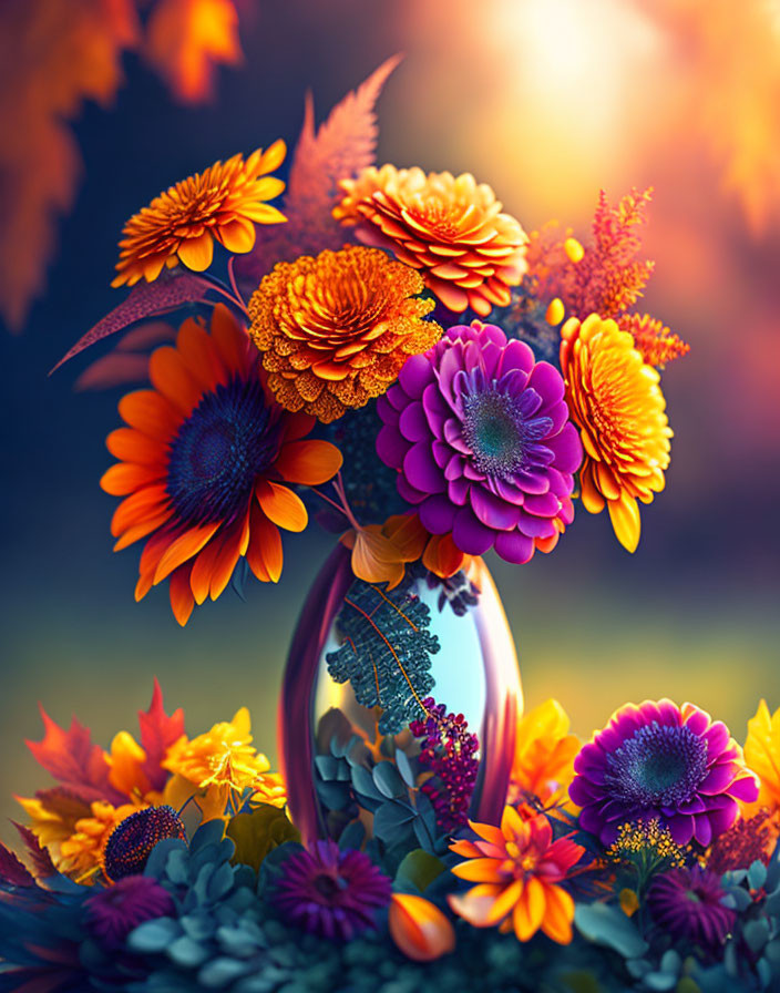 Colorful Flower Bouquet in Reflective Vase on Sunset Background