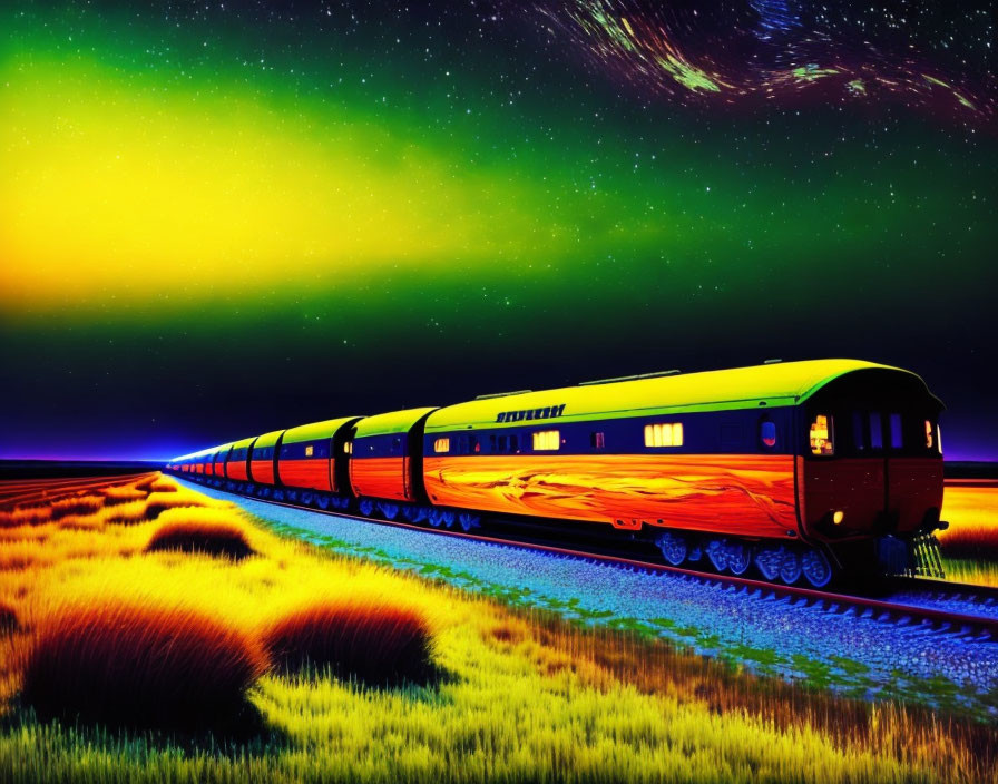 Digital artwork: Train crossing colorful landscape under starry sky