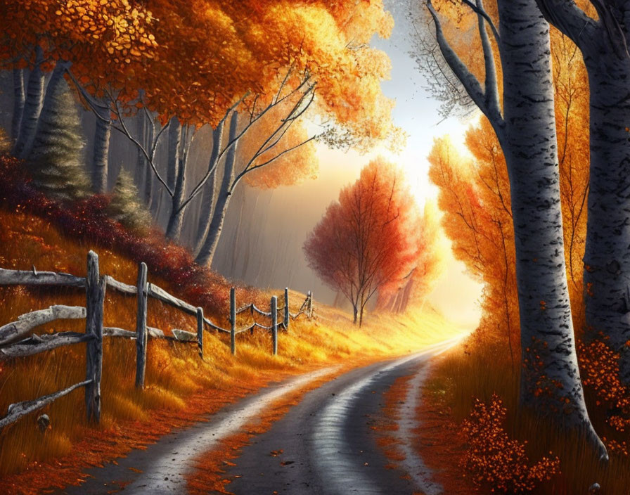 Scenic autumn road with trees, fence, and sunlight